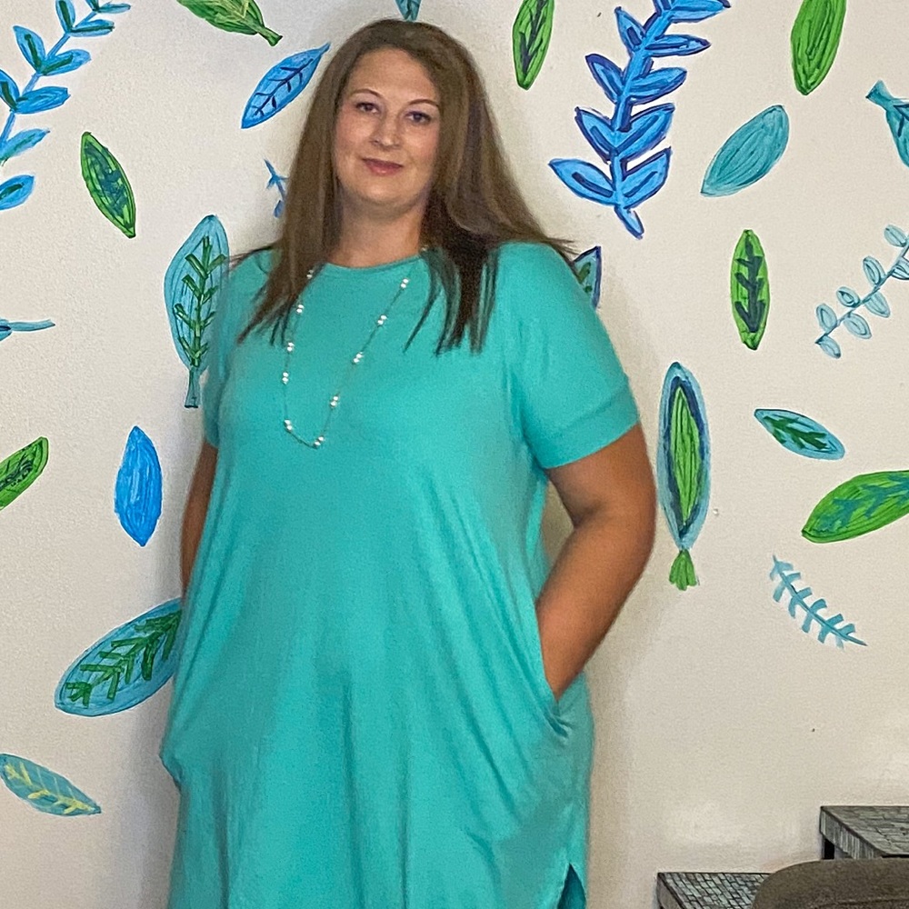 Mint high-low midi dress with side slits, pockets, cuffed sleeves butter soft
